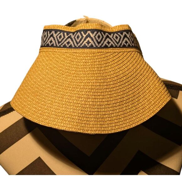 Sea & Grass Straw Visor Tie Back Sun Hat Navy White Tribal Geometric One Size - Picture 1 of 7
